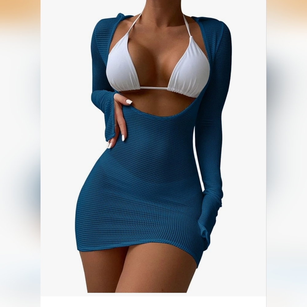 Blue Cutout Knit Bodycon Mini Dress with White Bikini Top